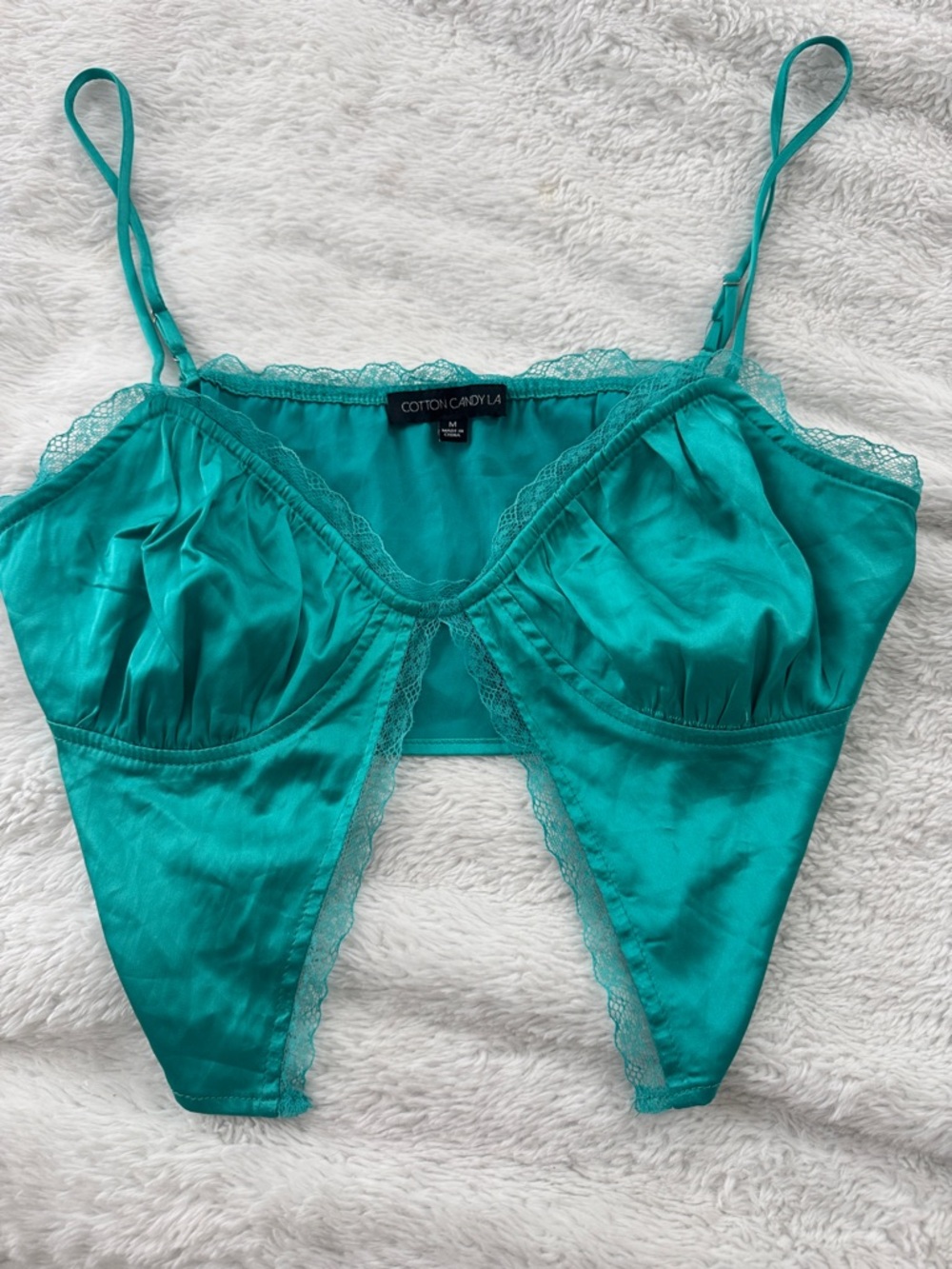 Cotton Candy Teal Satin Lace Bralette - Teal Green